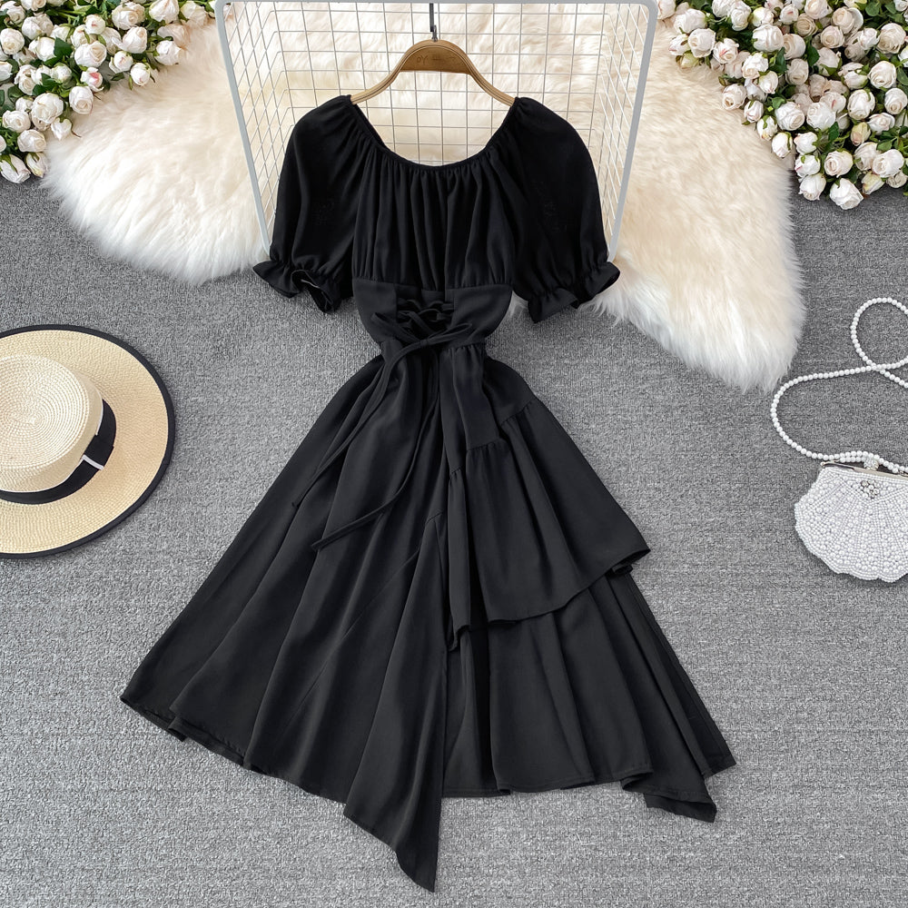 Simple Lace-up Dress With Irregular Dress RF0134