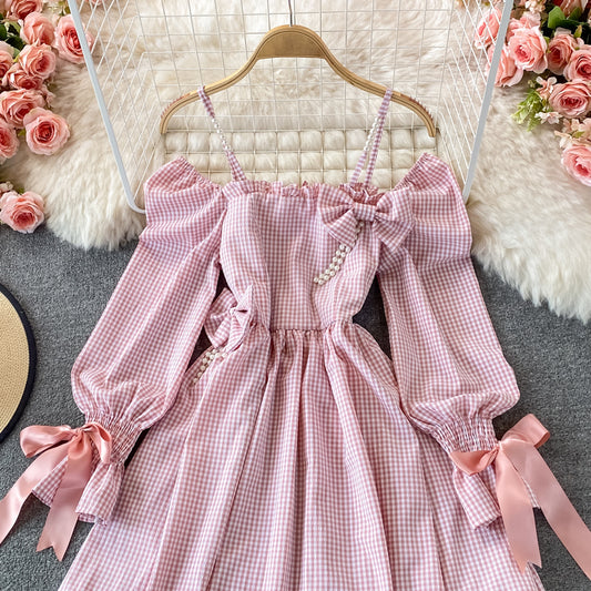 Cute Checkered Bow Long Sleeve Dress Fashion Dress RF0132