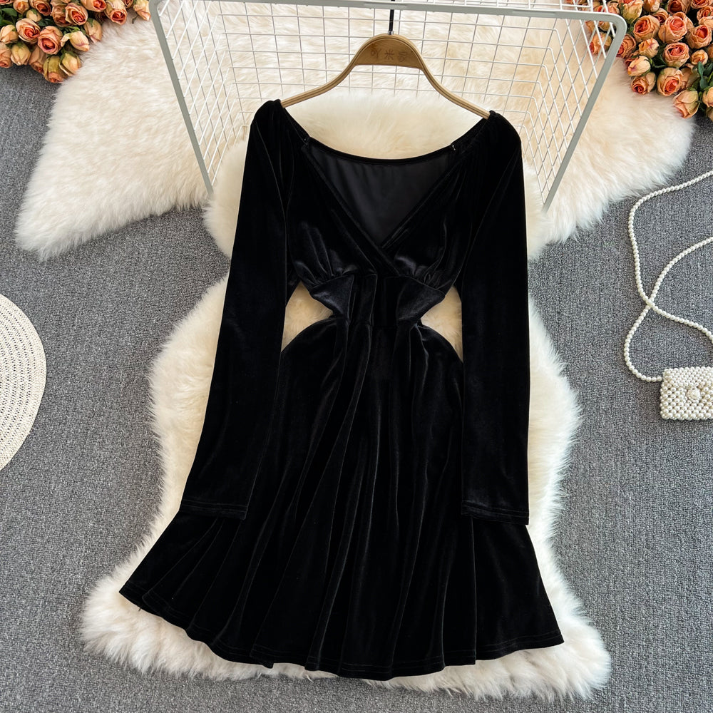 Süßes A-Linien-Kleid mit V-Ausschnitt, langen Ärmeln und kurzem Kleid, modisches Kleid RF0130