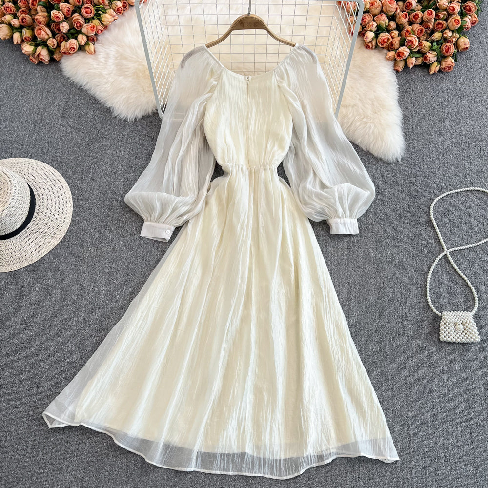 Champagne V Neck Long Sleeve Dress A Line Fashion Dress RF0108