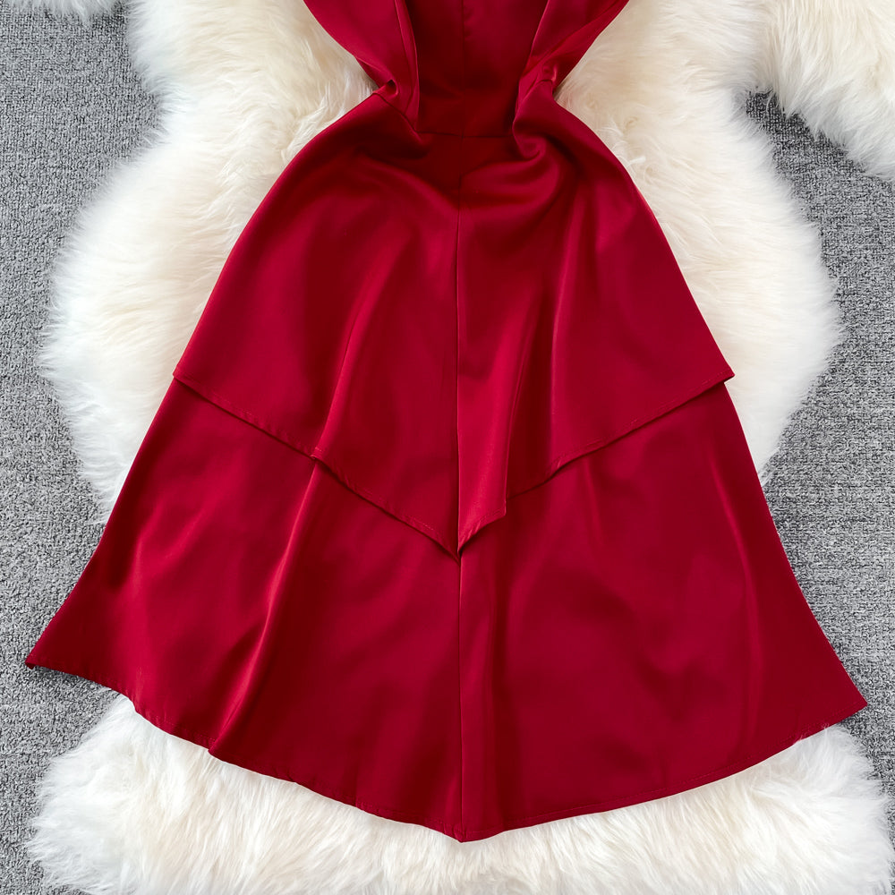 Red V Neck Irregular Dress RF0095