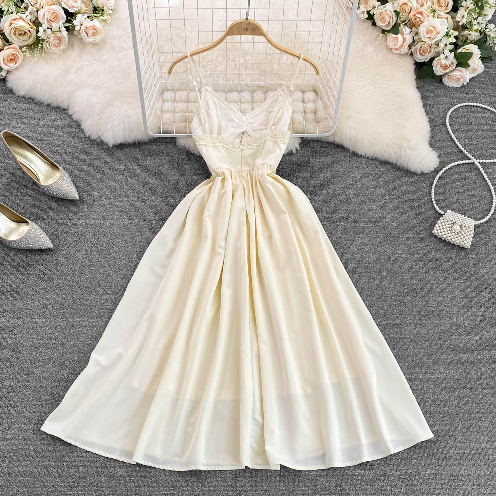 Champagner Spitze Kurzes A-Linien-Kleid Modekleid RF0084