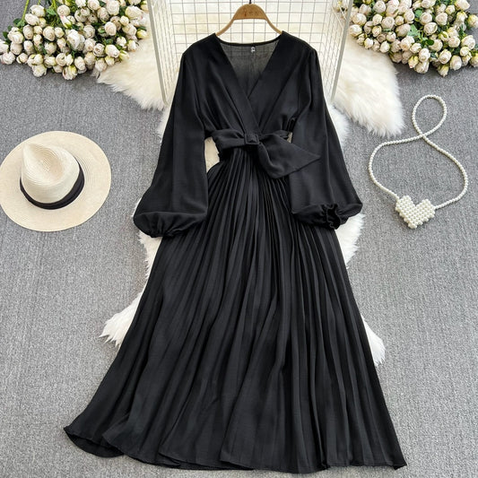 Simple V-neck Chiffon Long Sleeve Dress RF0001