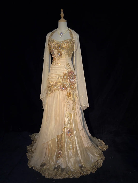 Vintage Prom Dresses Inspo Mermaid Halter Gold Sleeveless 80s With Appliqued Formal Gowns N3371
