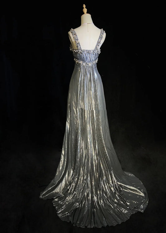 Modest Prom Dresses Mermaid Square Neck Silver Gray With Ruffled Beads Formal Outfits N3691