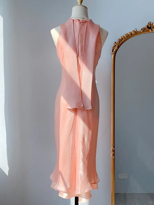 Modest Sheath Halter Sleeveless Mid Length Blush Pink Chiffon Spring Summer Event Outfits Wedding Guest Dresses RB3248