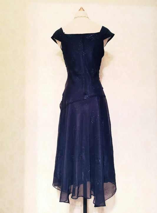 Vintage Prom Dresses 70s A line Square Neck Navy Blue With Ruffled Sleeveless Evening Formal Outfits RB4306