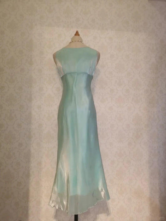 Vintage Prom Dresses 70s Mermaid V Neck Green Tea Length Evening Formal Outfits RB4308