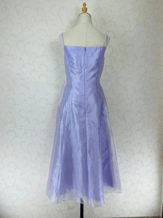 Vintage Prom Dresses 70s A Line Spaghetti Strap Lilac With Ruffle Tea Length Formal Outfits RB4307