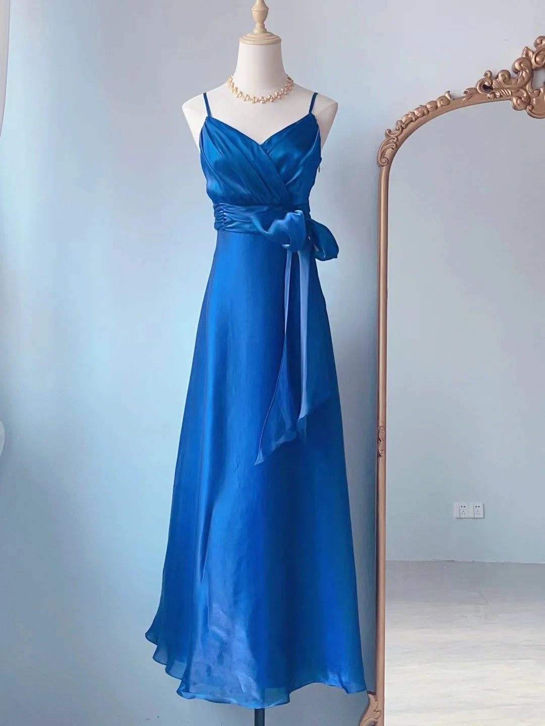 Vintage A Line 90s Spaghetti Strap Royal Blue Long With Ruffles Prom Dresses Formal Outfits RB3911