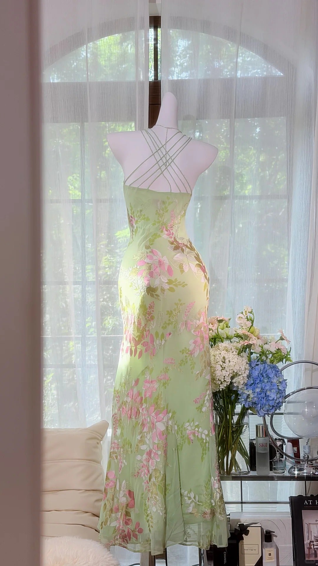 Vintage Mermaid Spaghetti Strap Mint Green Chiffon Floral Prom Dress Formal Outfits Party Dresses RB7562