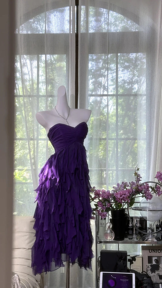 Charming Prom Dresses A Line Sweethehart Purple Chiffon Mid Length Evening Outfits N3581