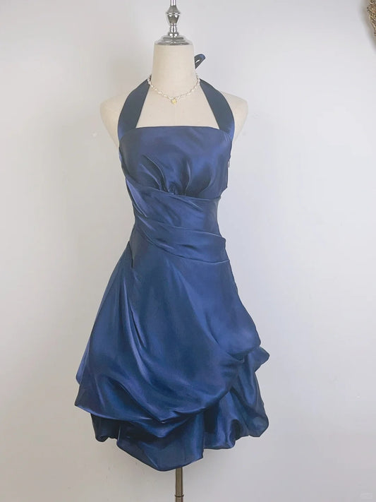 Vintage Ball Gown Halter Sleeveless Navy Blue 18th Birthday Dress Short Homecoming Dresses N4758