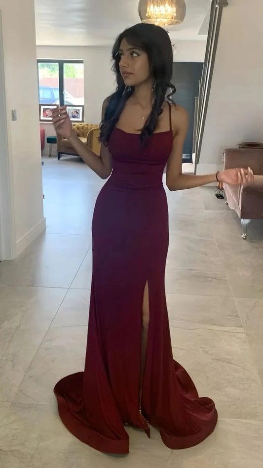 Aesthetic Mermaid Spaghetti Strap Wine Burgundy Red Sequins Long Formal Dresses With Slit Evening Prom Dress AB675