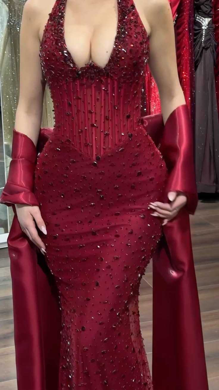 Robes de soirée sexy, coupe sirène, licou avec écharpe, perles bordeaux, robe de soirée longue N4759
