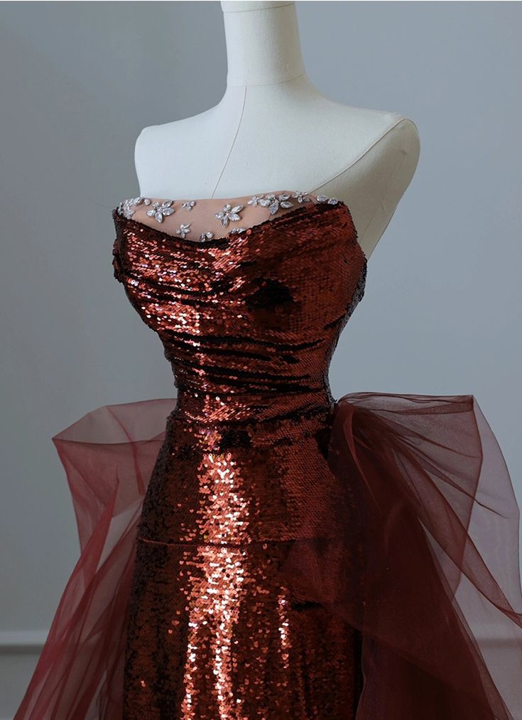 Robe de bal sirène bordeaux à sequins et tulle bustier - Inspiration robes de bal AB127