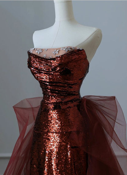Robe de bal sirène bordeaux à sequins et tulle bustier - Inspiration robes de bal AB127
