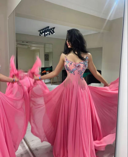 Robe de soirée en mousseline rose bustier coupe trapèze taille basse sexy pour femme AB2550