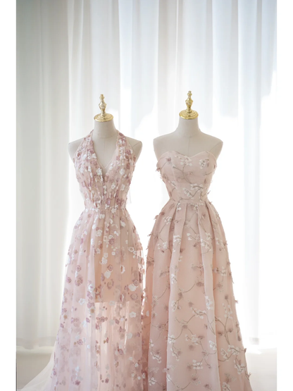 Cute A line Halter Floral Tulle Pink Long Prom Dresses Impress 19th Birthday Outfits Prom Gown AB1004