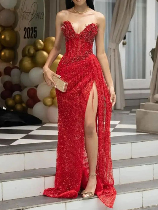 Robe de bal rouge bustier à franges perlées et sequins, fente haute, pour femme AB1546