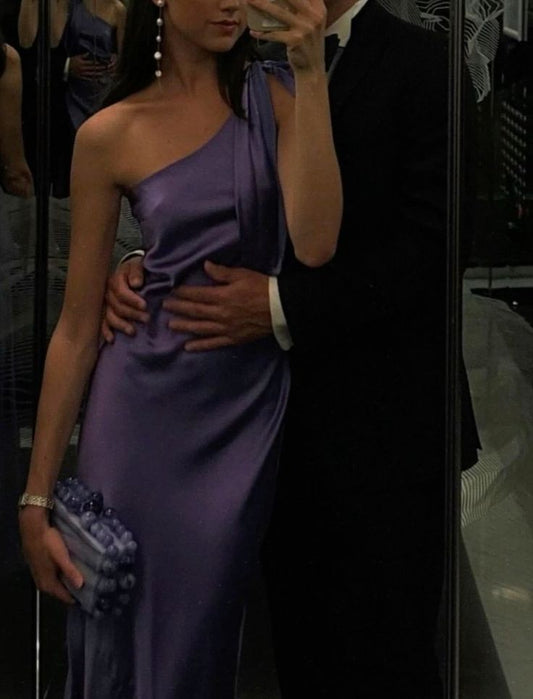 One Shoulder Purple Satin Mermaid Long Evening Prom Dresses AB1550
