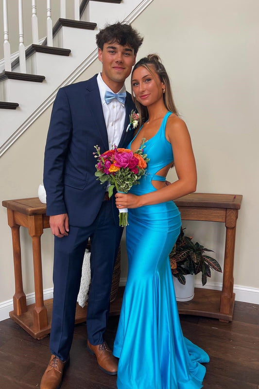 Robe de soirée longue sirène bleue à col en V et dos nu froncé, modèle AB1560, à petit prix et sur mesure