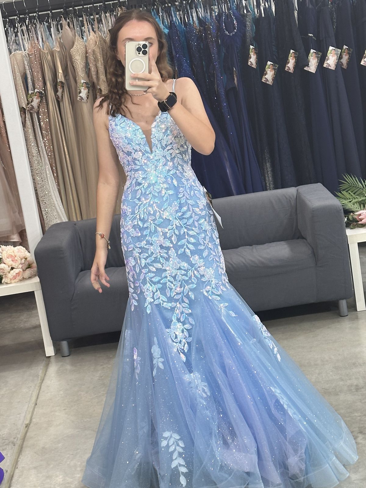 Robe de soirée sirène en tulle bleu et dentelle, bretelles spaghetti, longue et sexy, AB1569