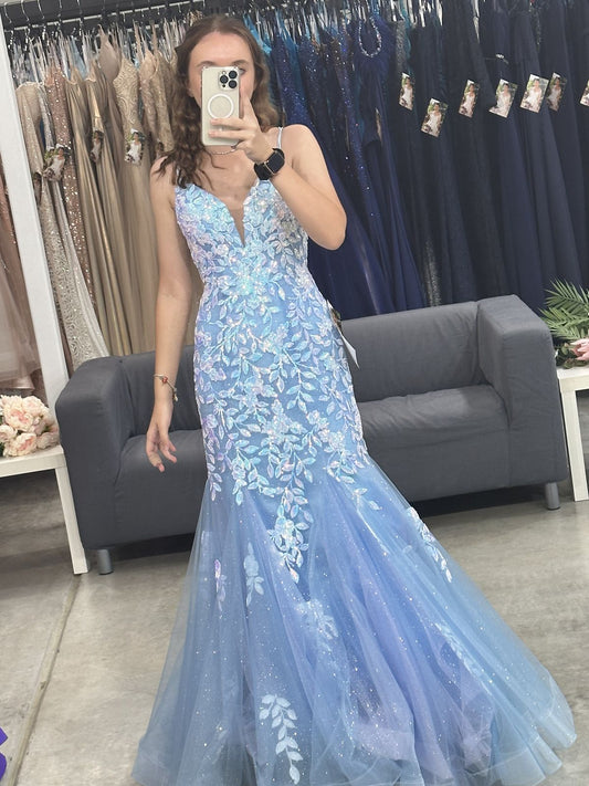 Blaues Tüll-Spitzen-Partykleid, Meerjungfrauen-Schnitt, Spaghettiträger, langes, sexy Ballkleid, Abendkleid AB1569