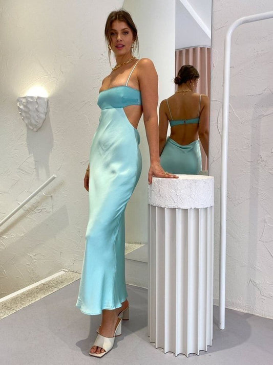 Spaghetti Straps Sheath Aqua Blue Prom Dress Formal Satin Party Dress AB1556