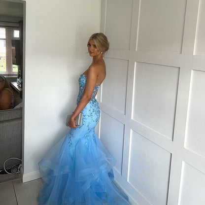Floral Mermaid Sky Blue Prom Dress Strapless Long Formal Dress Evening Dress AB1567
