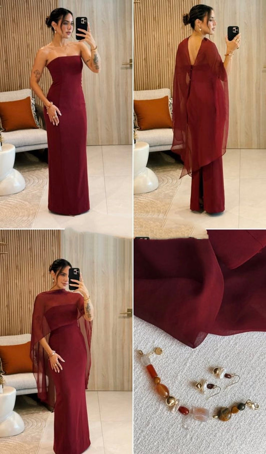Modest Strapless Sleeveless Burgundy Chiffon Mermaid Long Evening Prom Dresses AB1553