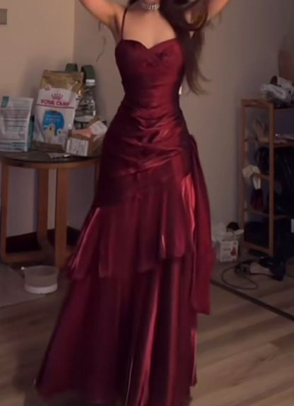 Elegantes, burgunderrotes Chiffon-Abendkleid im Meerjungfrauenstil mit Spaghettiträgern, formelles Abendkleid AB542