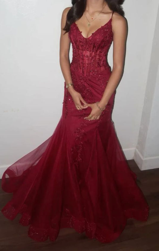 Mermaid V Neck Tulle Burgundy Prom Dress With Lace Formal Evening Dresses AB543