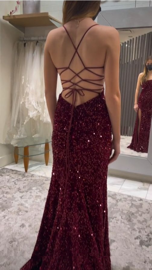 Sequined Mermaid Evening Gown Floor-Length Lace-Up Back Prom Dress AB545