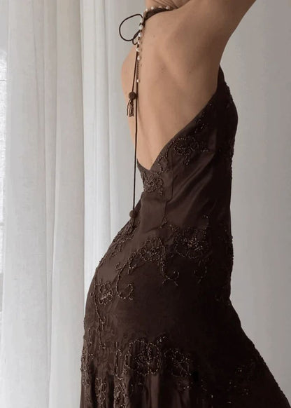 Vintage Mermaid Sleeveless Halter Brown Lace Long Prom Dresses Aesthetic For Senior Teens Party Outfits Prom Gown AB1173