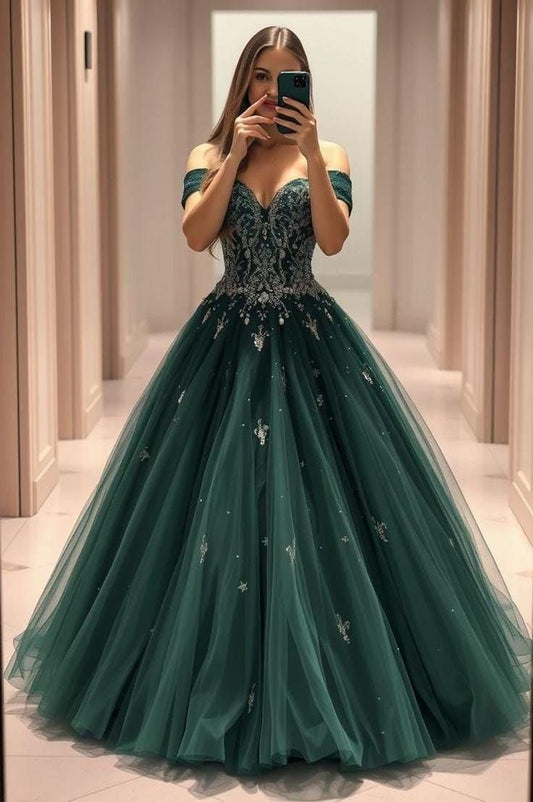 Elegantes schulterfreies Ballkleid aus smaragdgrünem Tüll, langes Abendkleid für den 16. Geburtstag, AB1166