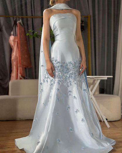Cute Light Blue Floral Mermaid Prom Dresses Long Formal Party Dress Prom Gown AB1174