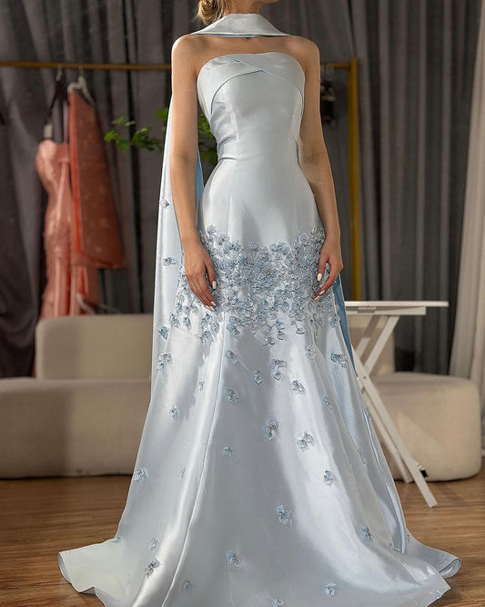 Niedliches hellblaues Meerjungfrauen-Abendkleid mit Blumenmuster, langes formelles Partykleid, Ballkleid AB1174