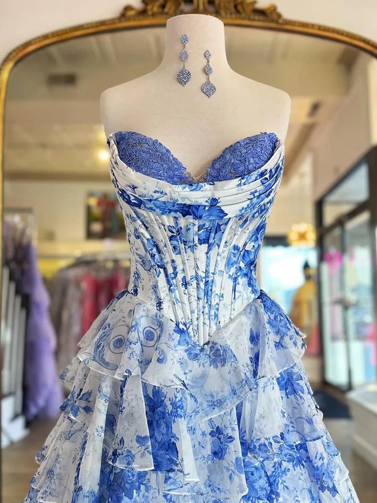 Pink Floral Corset Ball Gown Floral Blush Tiered Chiffon Long Corset Prom Dress with Slit Formal Evening Gowns AB508