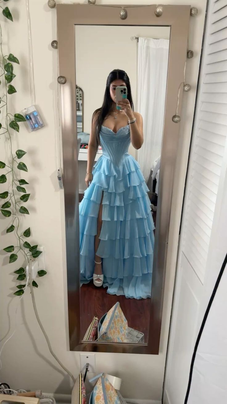 Robe de bal modeste en mousseline bleue à décolleté cœur, corset multicouche, robe de soirée princesse AB149