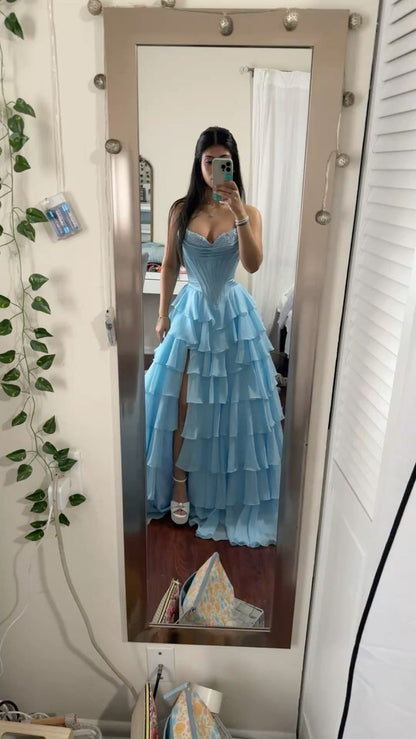 Robe de bal modeste en mousseline bleue à décolleté cœur, corset multicouche, robe de soirée princesse AB149