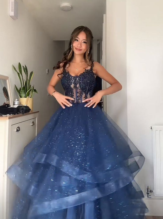 Princess Ball Gown Spaghetti Strap Navy Blue Tulle Lace Prom Dress With Layers Prom Gown AB154