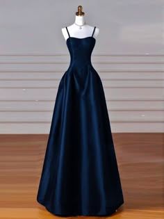 Classy Simple A-Line Dark Blue Satin Long Prom Dress, Dark Blue Long Formal Dress AB136