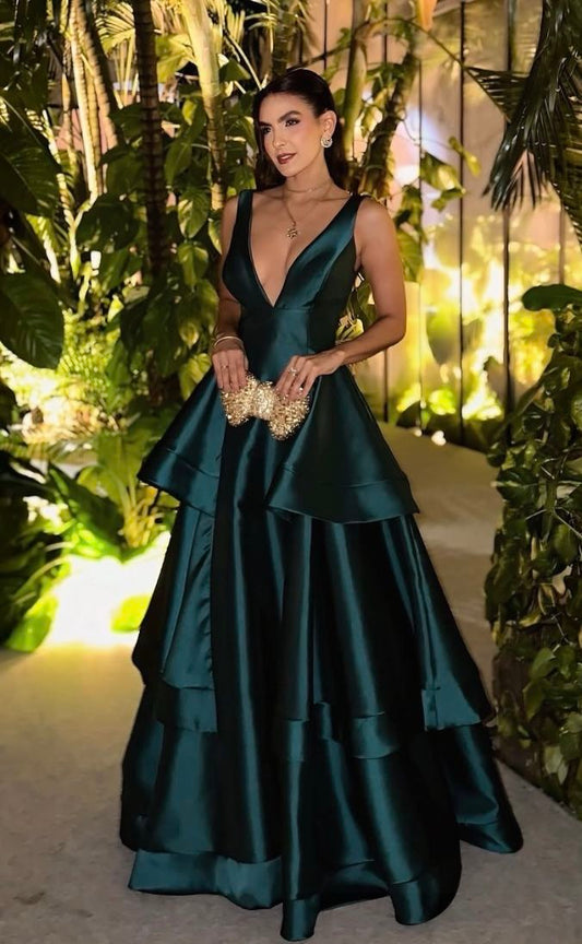Modest A Line V Neck Dark Green Satin Prom Dresses Long for Women Ruffle Formal Evening Gown AB157