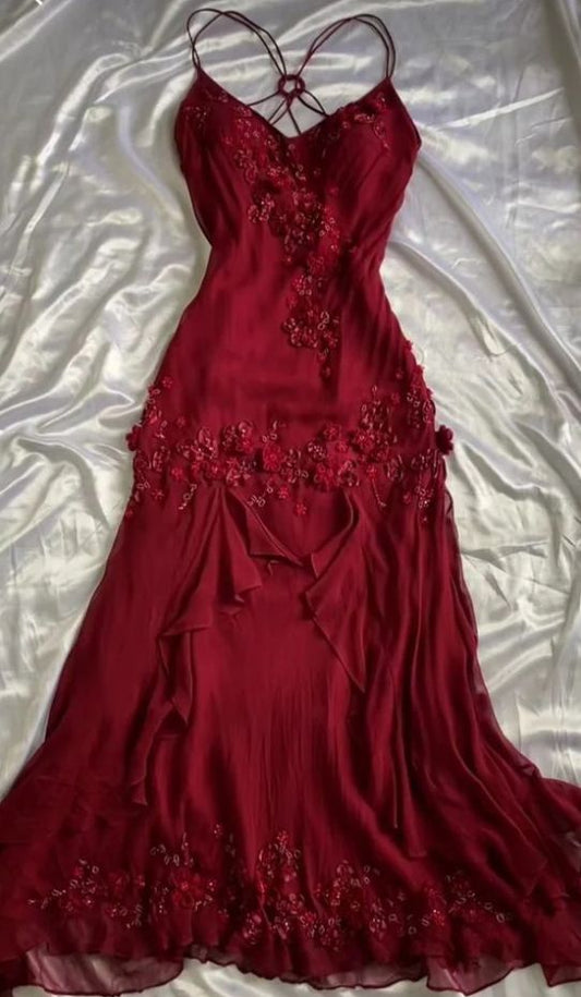 Vintage Mermaid Spaghetti Straps Burgundy Long Evening Dresses With Beads AB134
