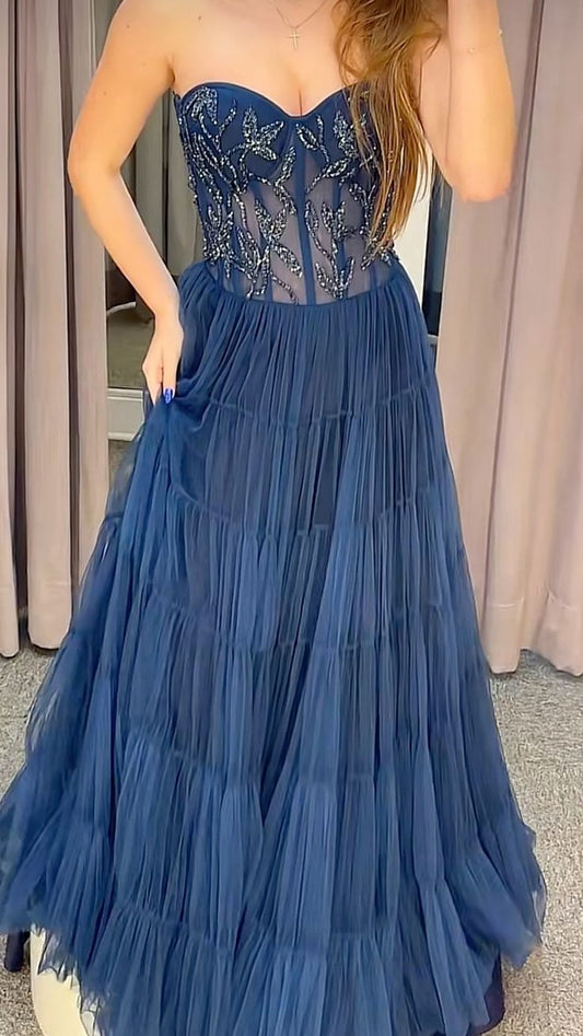 Chic Ball Gown Sweetheart Navy Blue Tulle Prom Dresses Long for Women Formal Evening Gown AB165