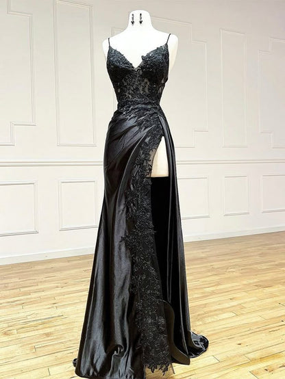 Robe de bal longue sirène bordeaux à fines bretelles et col en V en satin et dentelle AB138