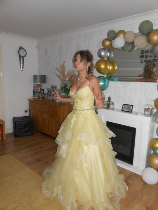Elegant Ball Gown Spaghetti Straps Yellow Lace Long Tulle Prom Dresses Vestidos De Dia AB584