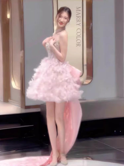 Niedliches, trägerloses, kurzes Ballkleid aus rosa Tüll, ideal für den 16. Geburtstag, den Homecoming-Ball oder als Cocktailkleid (AB2227)