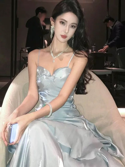 Robe de bal de fin d'année pour fille, style sirène, bleu ciel clair, bretelles spaghetti, NN829